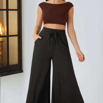 Black Ruffled Wide Leg Pull On High Waist Pants with Pockets