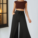  Black Ruffled Wide Leg Pull On High Waist Pants with Pockets