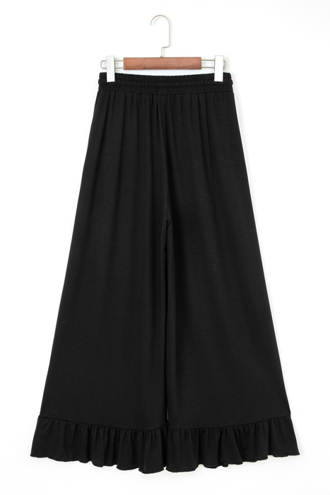 Black Ruffled Wide Leg Pull On High Waist Pants with Pockets