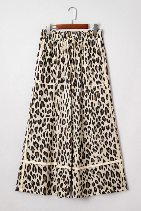 Khaki Leopard Wide Leg Cropped Pocket Pants