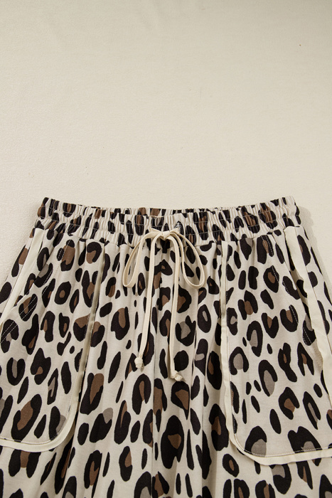 Khaki Leopard Wide Leg Cropped Pocket Pants
