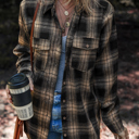  Multicolor Retro Plaid Double Flap Pocket Brushed Shacket