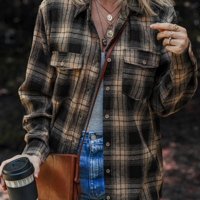 Multicolor Retro Plaid Double Flap Pocket Brushed Shacket