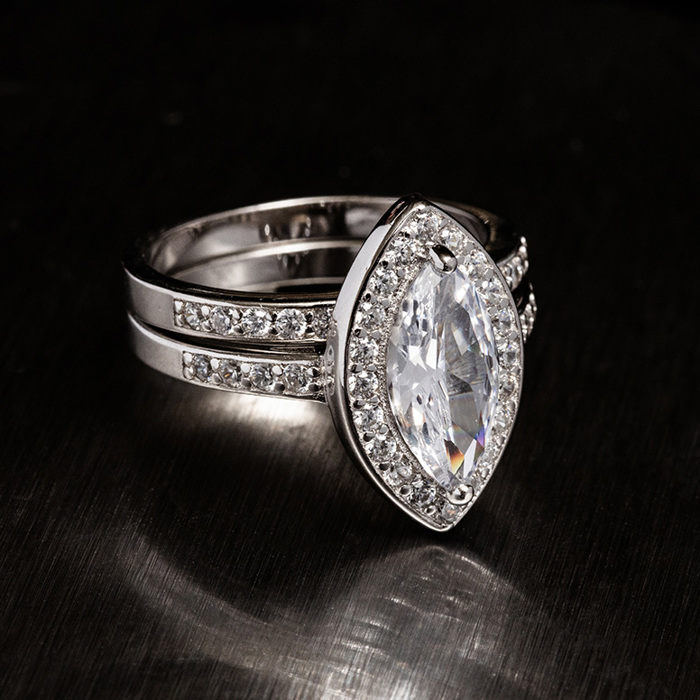 Stirling Silver 925 Engagement Wedding Ring Marquise Halo Micro Pave Rings Bridal Set Simulated Diamonds