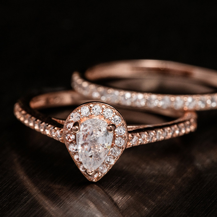 Pear Shape Rose Gold Plated Stirling Silver 925 Engagement Wedding Ring Rings Bridal Set Simulated Diamonds