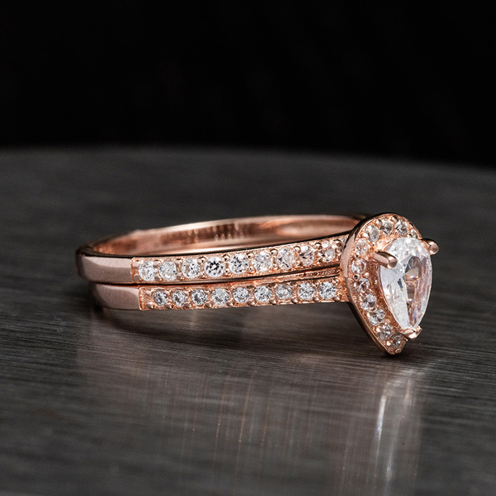 Pear Shape Rose Gold Plated Stirling Silver 925 Engagement Wedding Ring Rings Bridal Set Simulated Diamonds