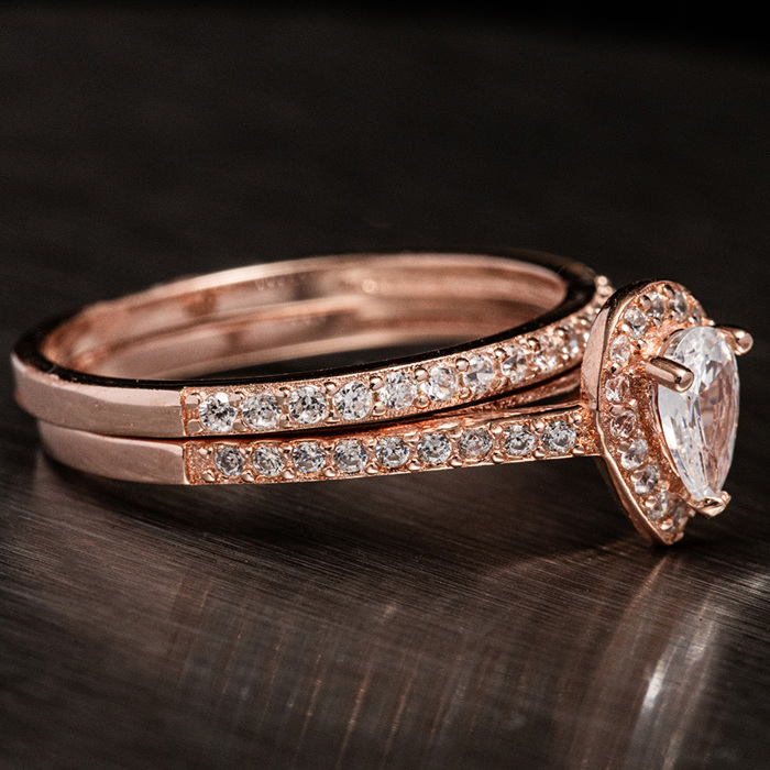 Pear Shape Rose Gold Plated Stirling Silver 925 Engagement Wedding Ring Rings Bridal Set Simulated Diamonds