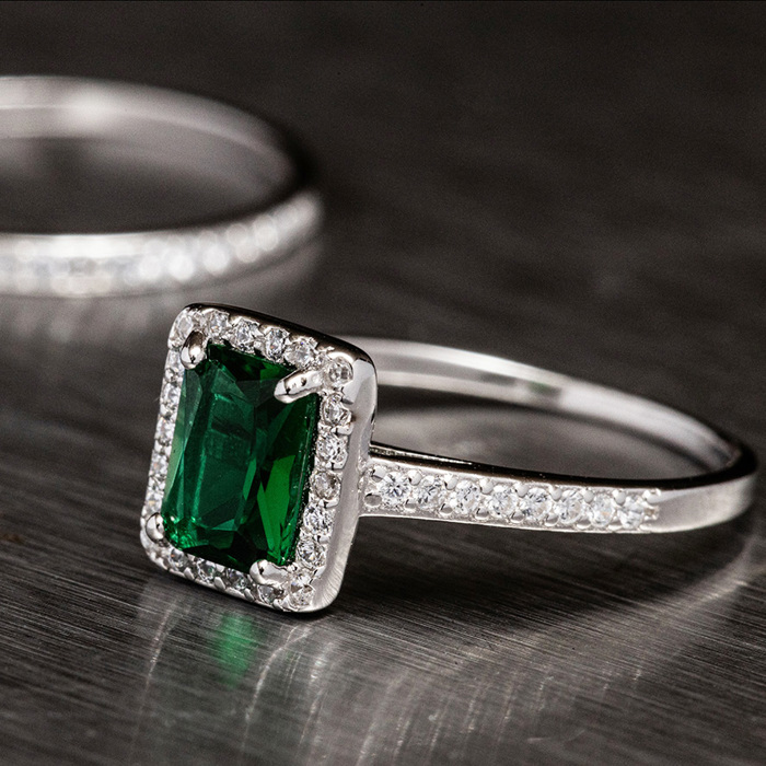 Emerald Stirling Silver 925 Rings Set Engagement Wedding Ring Bridal Simulated Diamonds