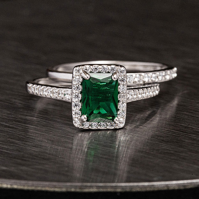 Emerald Stirling Silver 925 Rings Set Engagement Wedding Ring Bridal Simulated Diamonds