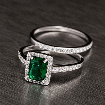 Emerald Stirling Silver 925 Rings Set Engagement Wedding Ring Bridal Simulated Diamonds