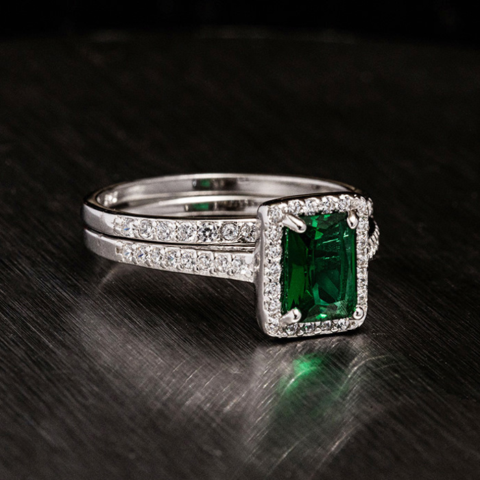 Emerald Stirling Silver 925 Rings Set Engagement Wedding Ring Bridal Simulated Diamonds