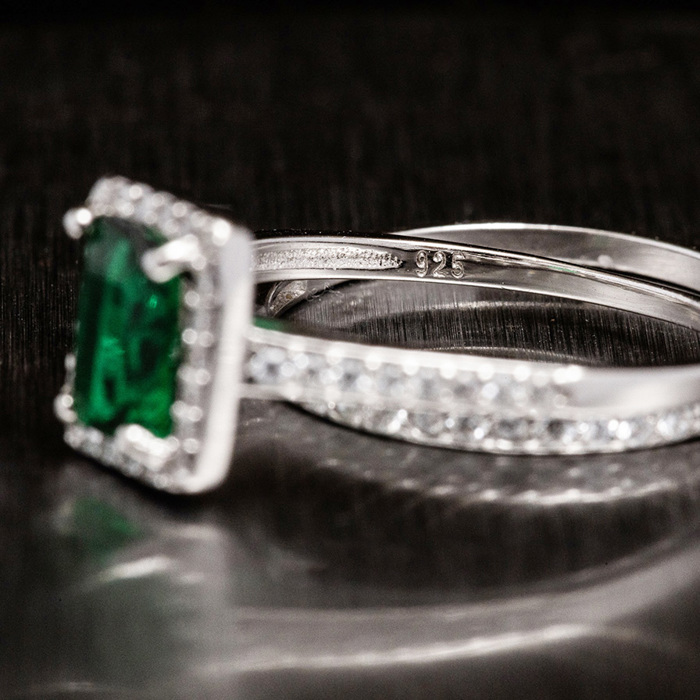 Emerald Stirling Silver 925 Rings Set Engagement Wedding Ring Bridal Simulated Diamonds