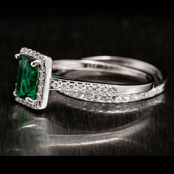 Emerald Stirling Silver 925 Rings Set Engagement Wedding Ring Bridal Simulated Diamonds