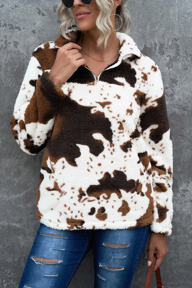 Cow Print Fleece Zip Top