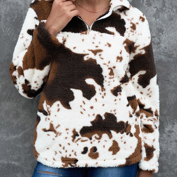 Cow Print Fleece Zip Top