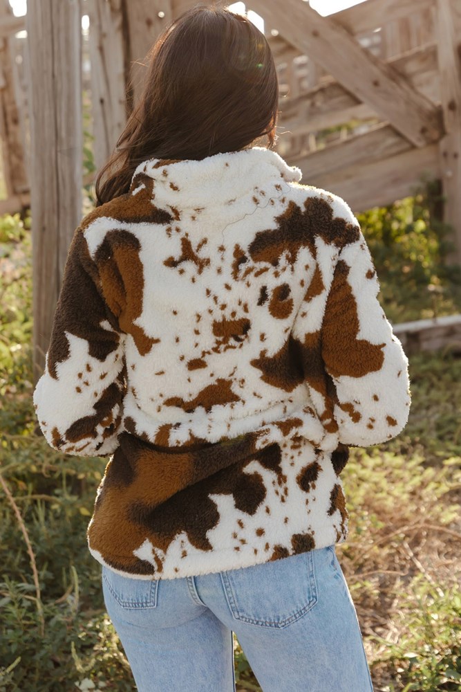 Cow Print Fleece Zip Top