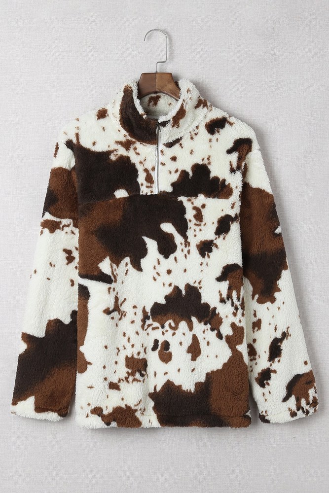 Cow Print Fleece Zip Top