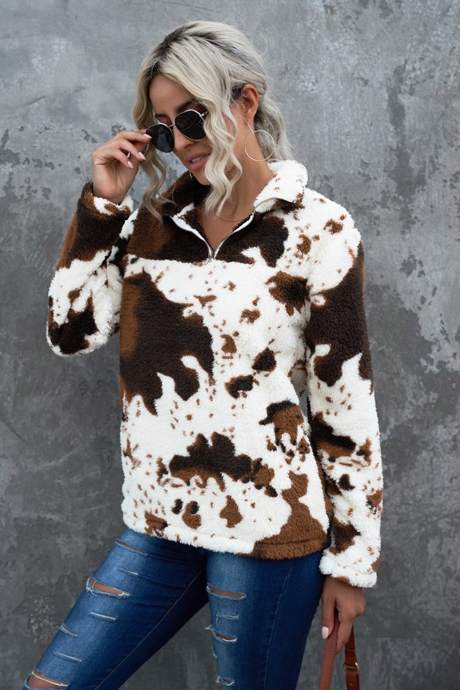 Cow Print Fleece Zip Top