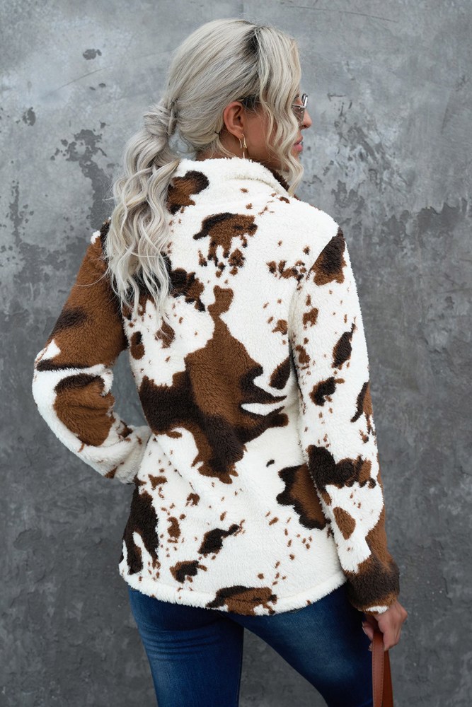 Cow Print Fleece Zip Top