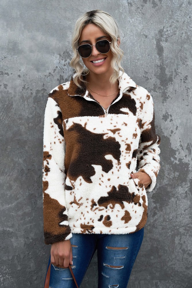 Cow Print Fleece Zip Top