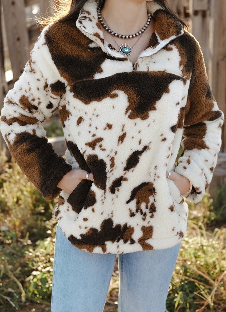 Cow Print Fleece Zip Top