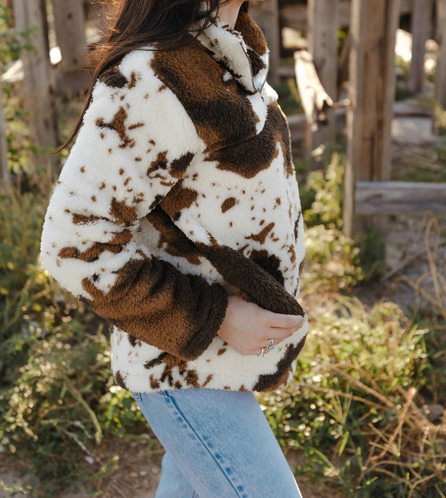 Cow Print Fleece Zip Top