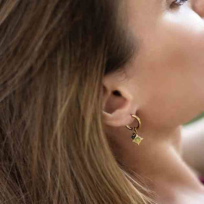Midori Green Stone Charms Gold Hoop Earrings