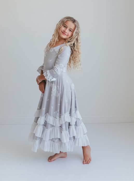 Girls Winter Rose Floral Long Sleeve Ruffles Dress