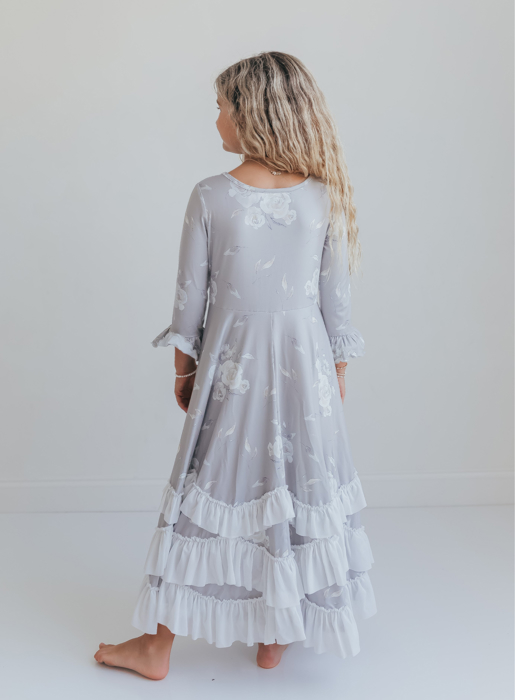 Girls Winter Rose Floral Long Sleeve Ruffles Dress
