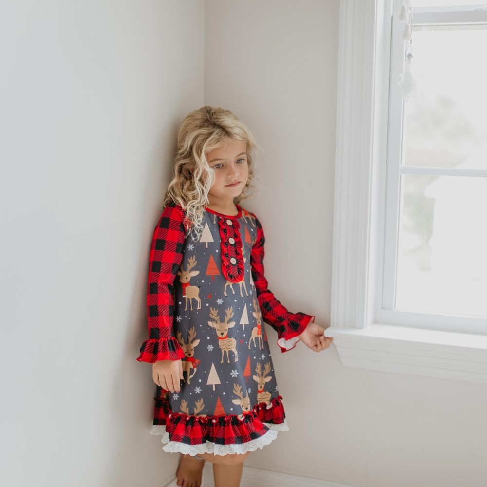 Kids Deer Holiday Christmas Ruffle Button Lounge Gown