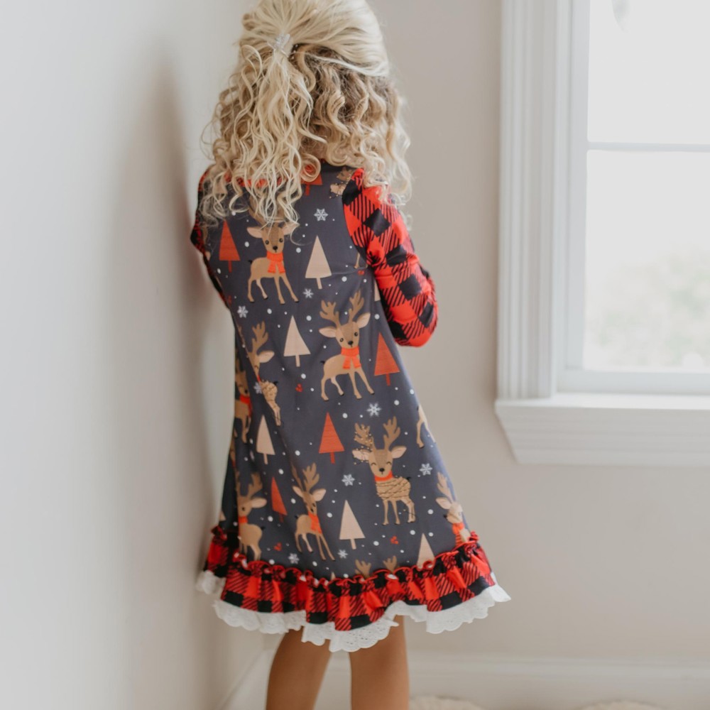 Kids Deer Holiday Christmas Ruffle Button Lounge Gown