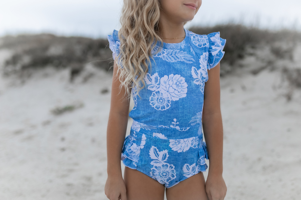 Girls Denim Floral One Piece Swimsuit