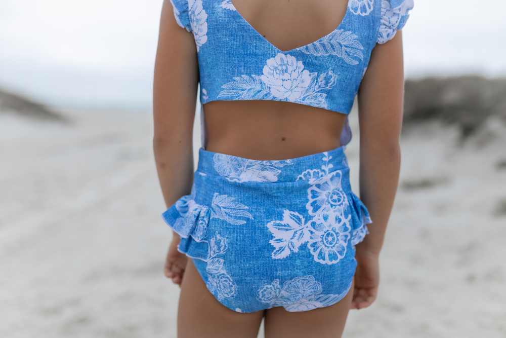 Girls Denim Floral One Piece Swimsuit