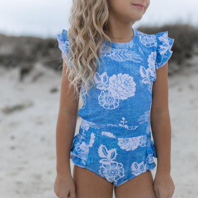 Girls Denim Floral One Piece Swimsuit