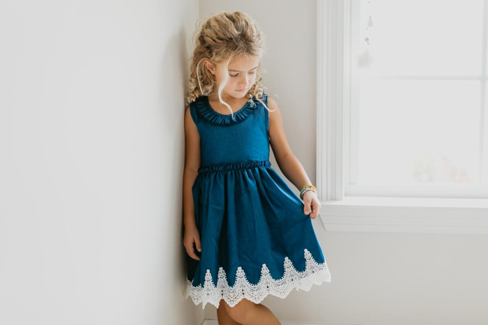 Kids Girls Denim Ruffle Intricate Lace Summer Dress