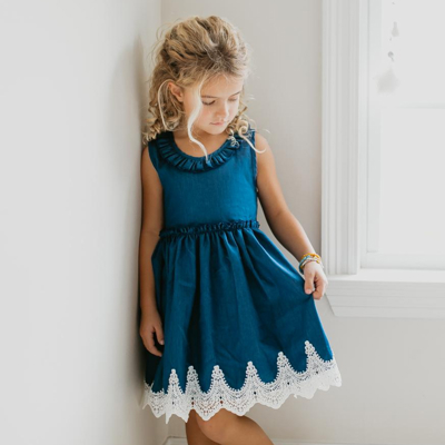 Kids Girls Denim Ruffle Intricate Lace Summer Dress
