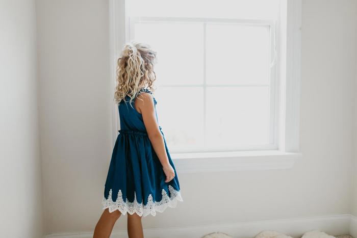 Kids Girls Denim Ruffle Intricate Lace Summer Dress