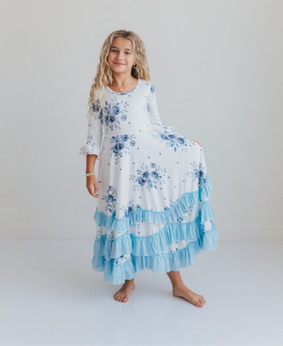Girls Dusty Blue Winter Floral Long Sleeve Ruffles Dress