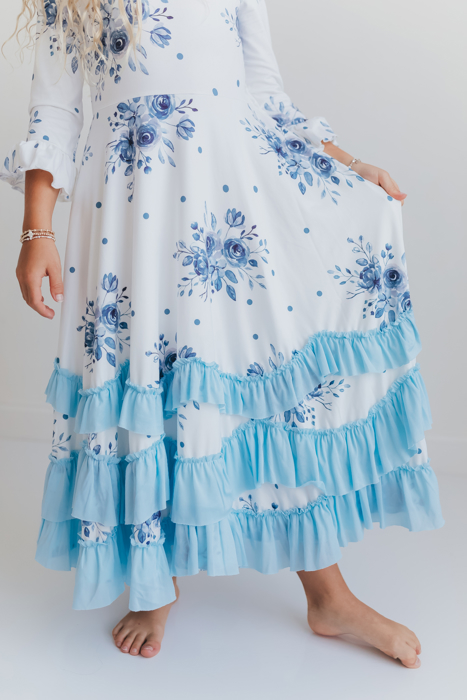 Girls Dusty Blue Winter Floral Long Sleeve Ruffles Dress