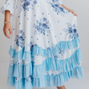  Girls Dusty Blue Winter Floral Long Sleeve Ruffles Dress