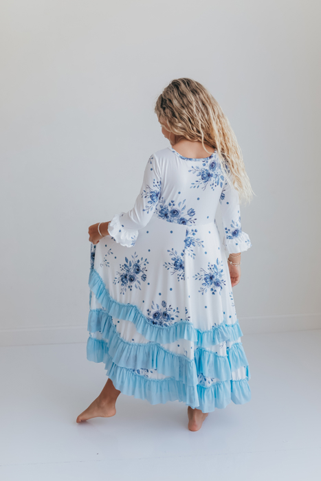 Girls Dusty Blue Winter Floral Long Sleeve Ruffles Dress