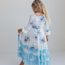  Girls Dusty Blue Winter Floral Long Sleeve Ruffles Dress