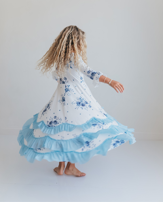 Girls Dusty Blue Winter Floral Long Sleeve Ruffles Dress