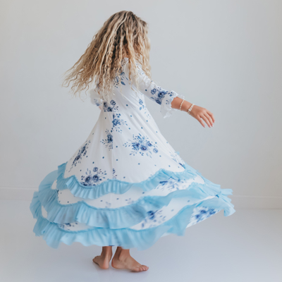 Girls Dusty Blue Winter Floral Long Sleeve Ruffles Dress