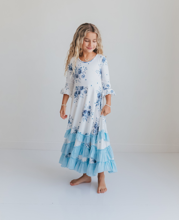 Girls Dusty Blue Winter Floral Long Sleeve Ruffles Dress