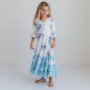  Girls Dusty Blue Winter Floral Long Sleeve Ruffles Dress