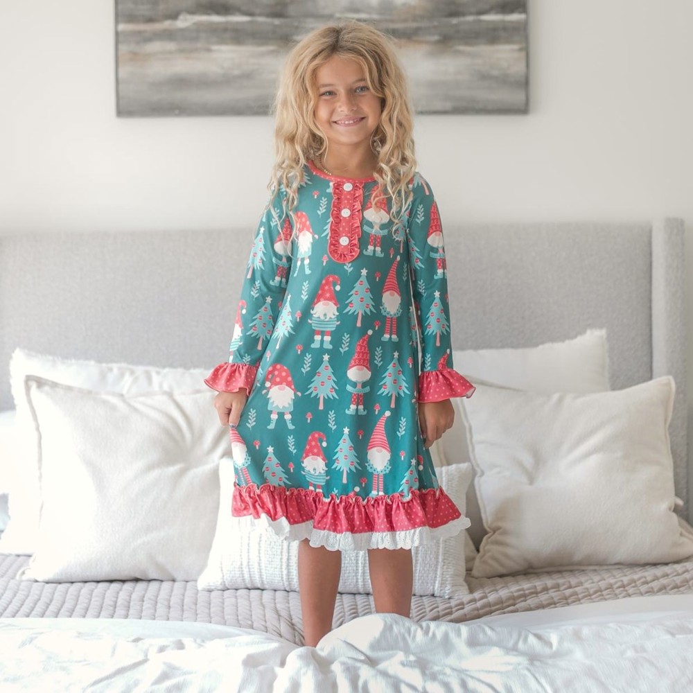 Kids Red Green Gnome Holiday Christmas Ruffle Lounge Gown