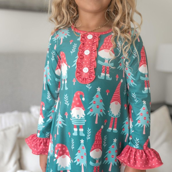 Kids Red Green Gnome Holiday Christmas Ruffle Lounge Gown