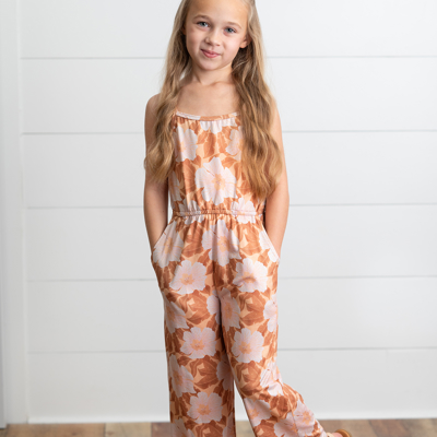 Kids Golden Peach Floral Jumpsuit With Pockets