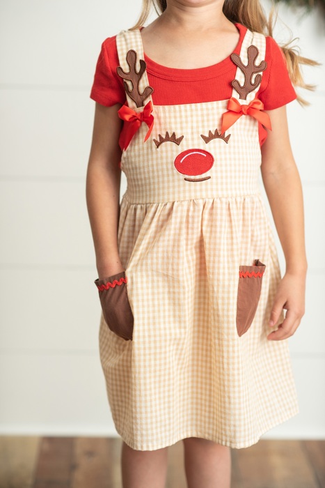 Kids Gingham Check Embroidered Reindeer Jumper Pinafore